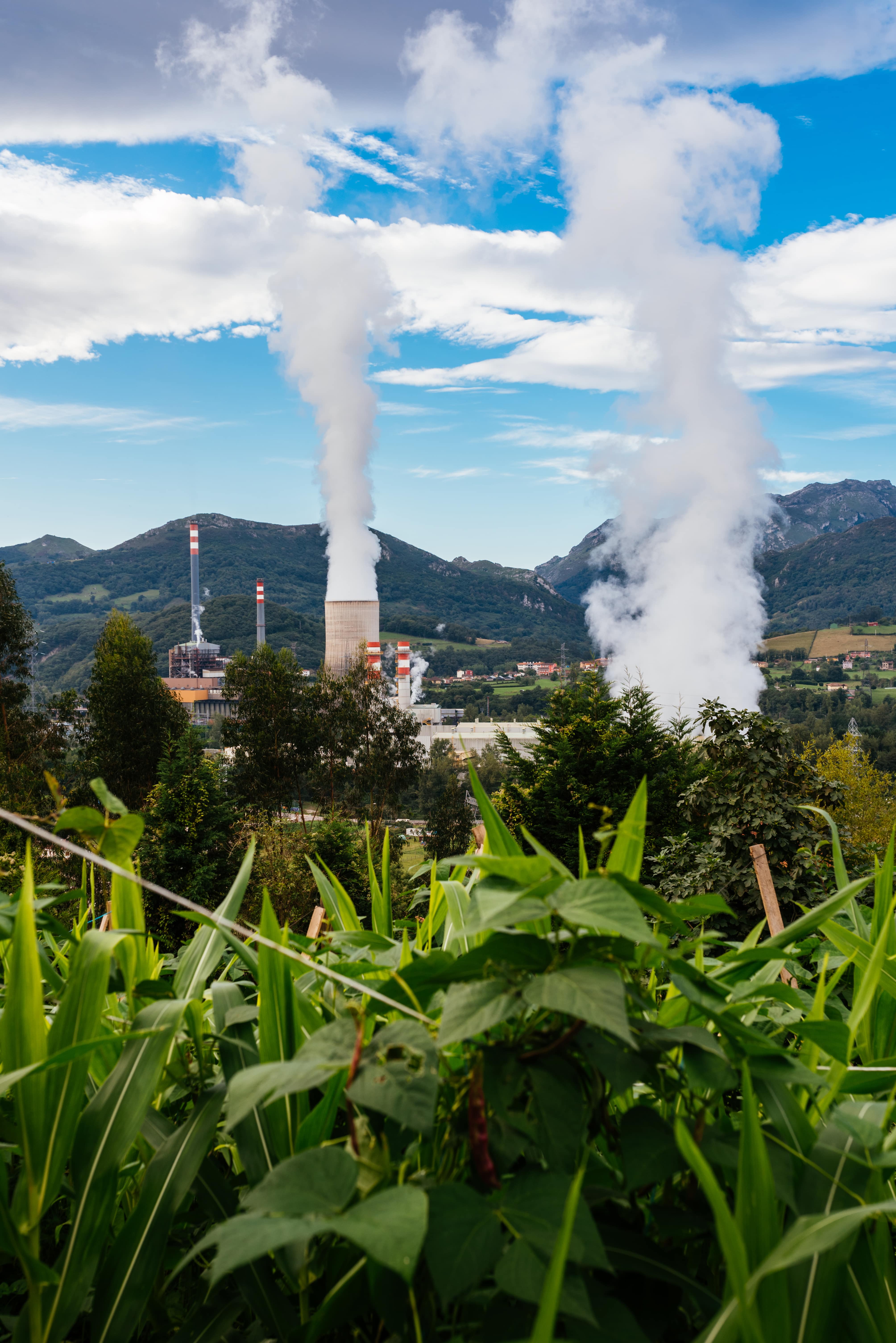 Industrial power plant with emissions against natural landscape representing carbon trading
